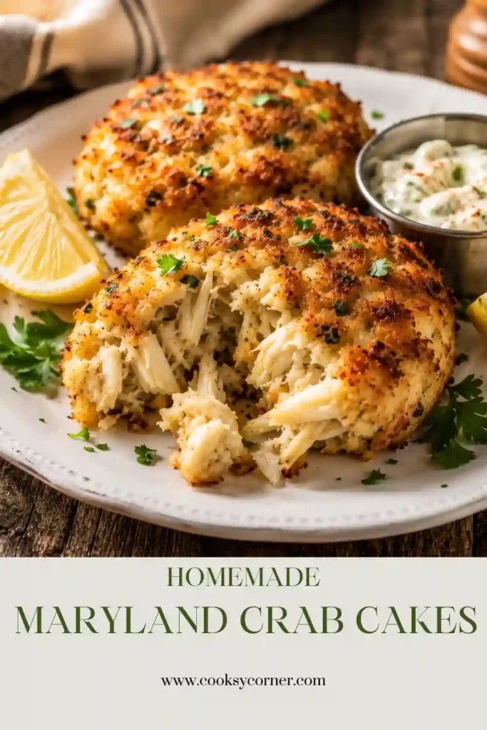 Close-up view of baked Maryland crab cakes topped with fresh parsley and served with lemon slices. Perfect for a seafood dinner or special occasion meal.