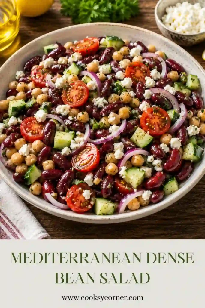Mediterranean Dense Bean Salad served in a large bowl with chickpeas, kidney beans, black beans, cucumbers, tomatoes, feta cheese, parsley, and lemon dressing. This colorful healthy bean salad is fresh, protein-rich, and perfect for meal prep.