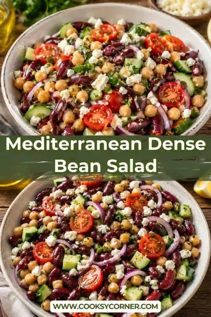 A vibrant Mediterranean bean salad featuring three kinds of beans, cherry tomatoes, cucumber, olives, feta, and fresh parsley tossed in olive oil and lemon juice. A nutritious vegetarian lunch or side dish.