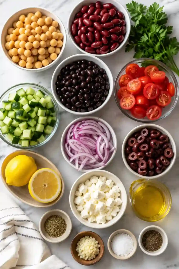 Healthy Mediterranean Dense Bean Salad filled with chickpeas, kidney beans, black beans, cucumber, tomatoes, olives, and parsley. A refreshing vegetarian salad that's easy to prepare.