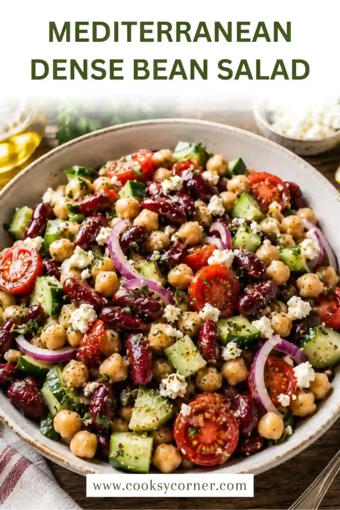 Fresh Mediterranean Dense Bean Salad made with colorful vegetables, creamy feta cheese, and protein-packed beans in a homemade lemon herb dressing. Ideal for healthy summer meals.