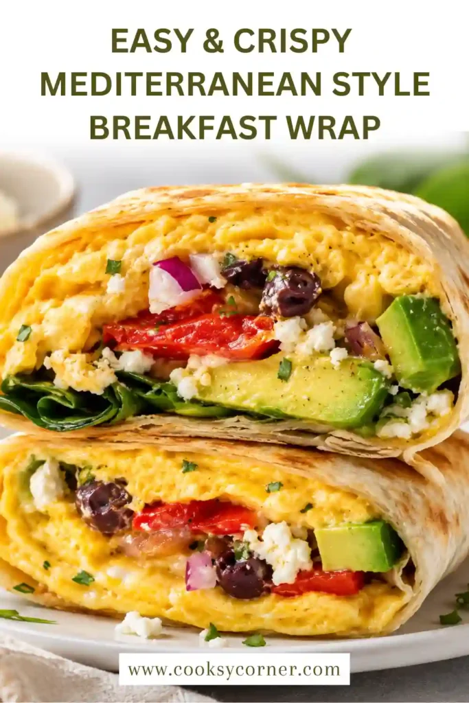 High-protein Mediterranean breakfast wrap served with fresh herbs and feta cheese.