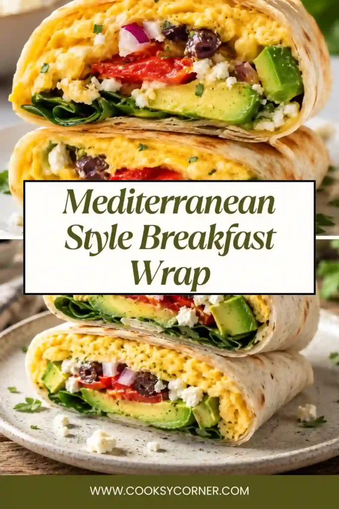 A toasted Mediterranean Style Breakfast Wrap filled with scrambled eggs, avocado, feta cheese, tomatoes, olives, and fresh herbs, sliced in half on a serving plate.