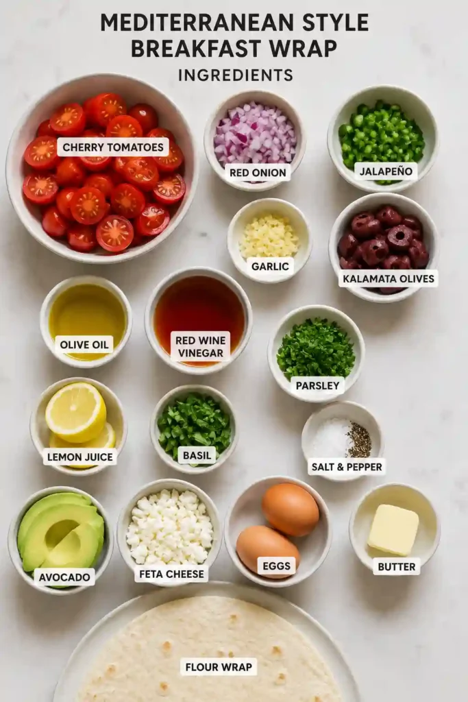 Toasted breakfast wrap stuffed with eggs, avocado, feta, tomatoes, olives, parsley, and basil.