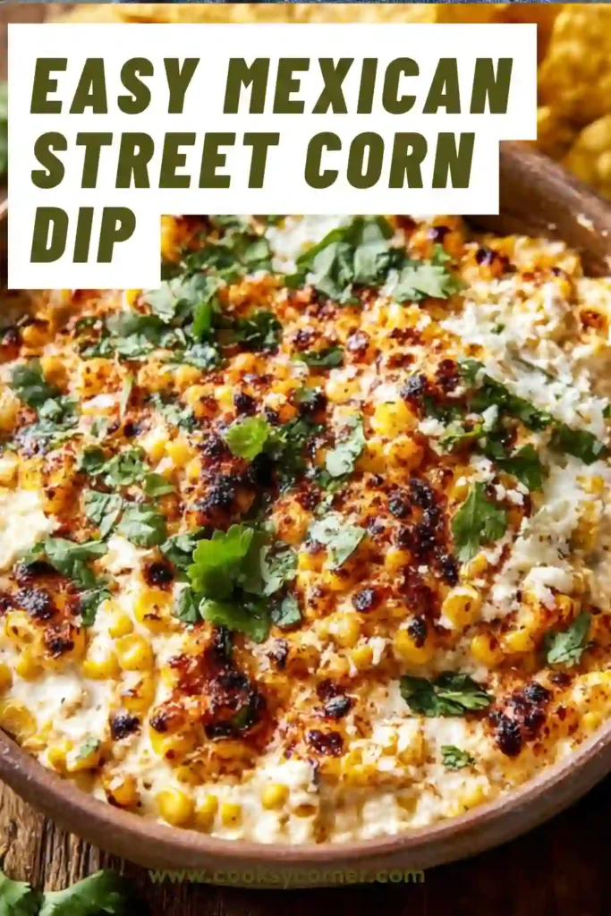 Creamy Mexican Street Corn Dip topped with cotija cheese, grilled corn, and cilantro. Served warm with tortilla chips for dipping.