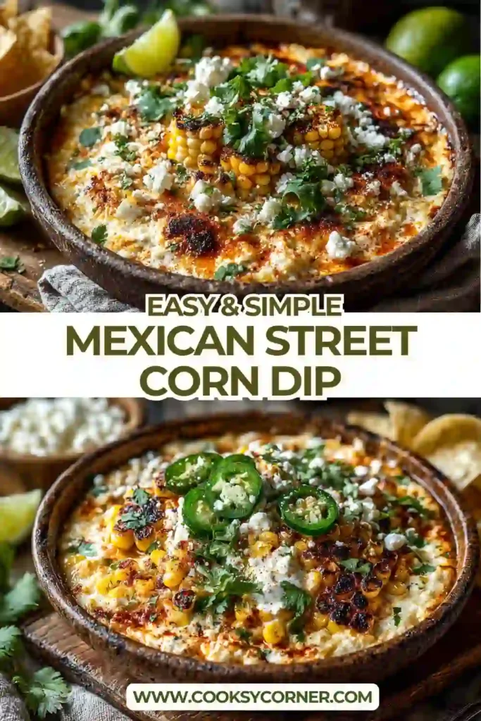Warm elote-inspired corn dip garnished with fresh cilantro and crumbled cheese. Served in a rustic bowl alongside crispy tortilla chips.