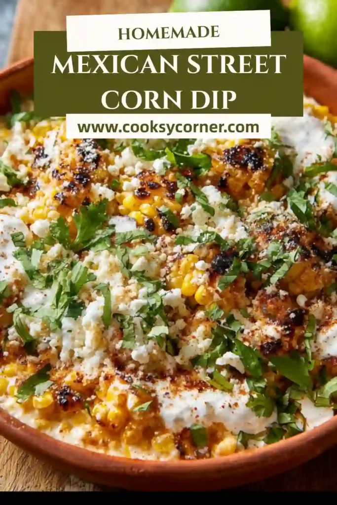 Close-up of cheesy Mexican Street Corn Dip drizzled with spicy butter and lime sauce. Finished with grilled corn and cotija cheese.
