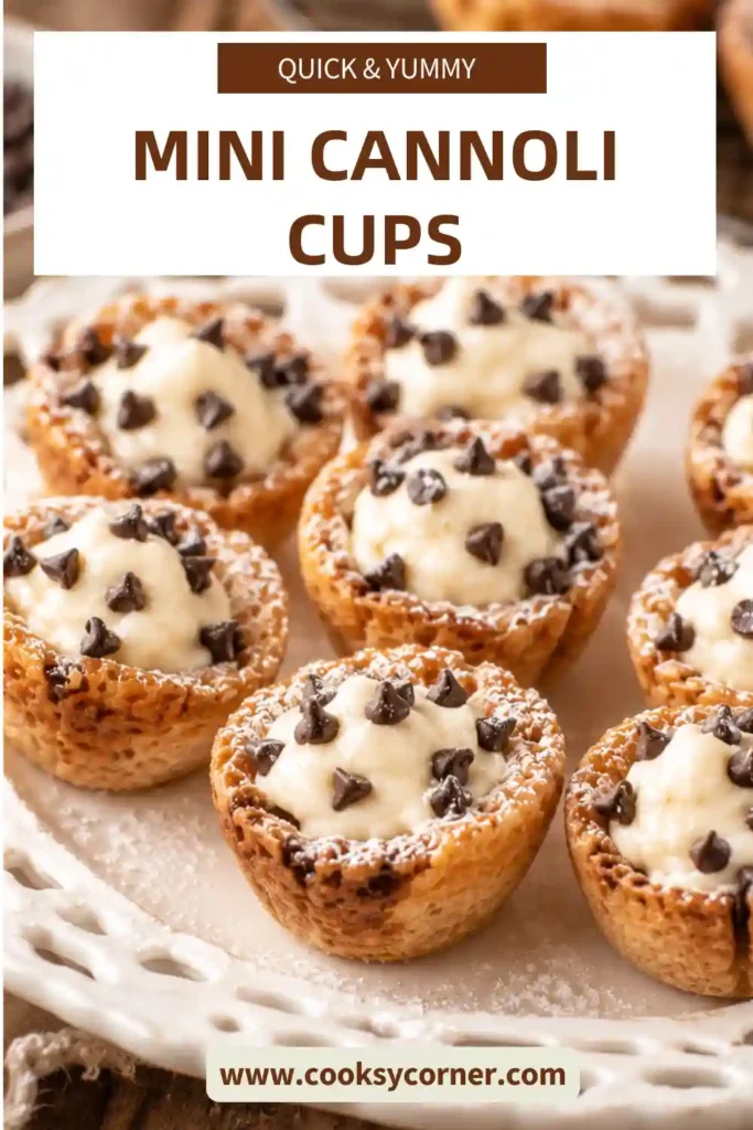 Freshly made Mini Cannoli Cups filled with creamy ricotta filling and topped with miniature chocolate chips. These bite-sized Italian dessert cups are served on a decorative platter for entertaining.