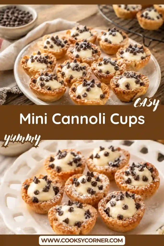Close-up of crispy cinnamon-sugar pastry cups filled with smooth ricotta filling and pistachios. These baked cannoli cups are perfect for holidays and special occasions.