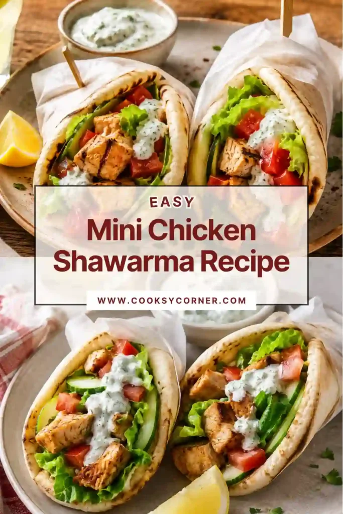A platter of mini chicken shawarma pitas filled with juicy marinated chicken, fresh lettuce, cucumber, and tomatoes. The warm pita breads are topped with a creamy yogurt herb sauce for a vibrant Mediterranean meal.