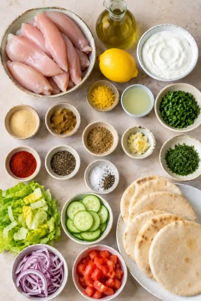 A serving tray of mini chicken shawarma wraps garnished with fresh herbs and yogurt sauce. The warm pita breads hold flavorful chicken and crisp vegetables.