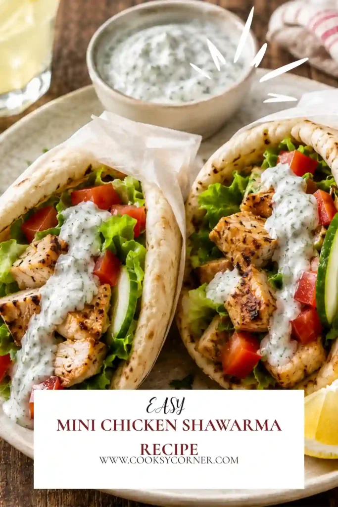 Freshly assembled mini chicken shawarma sandwiches served on a platter with yogurt sauce. The colorful combination of chicken, vegetables, and herbs creates an inviting presentation.