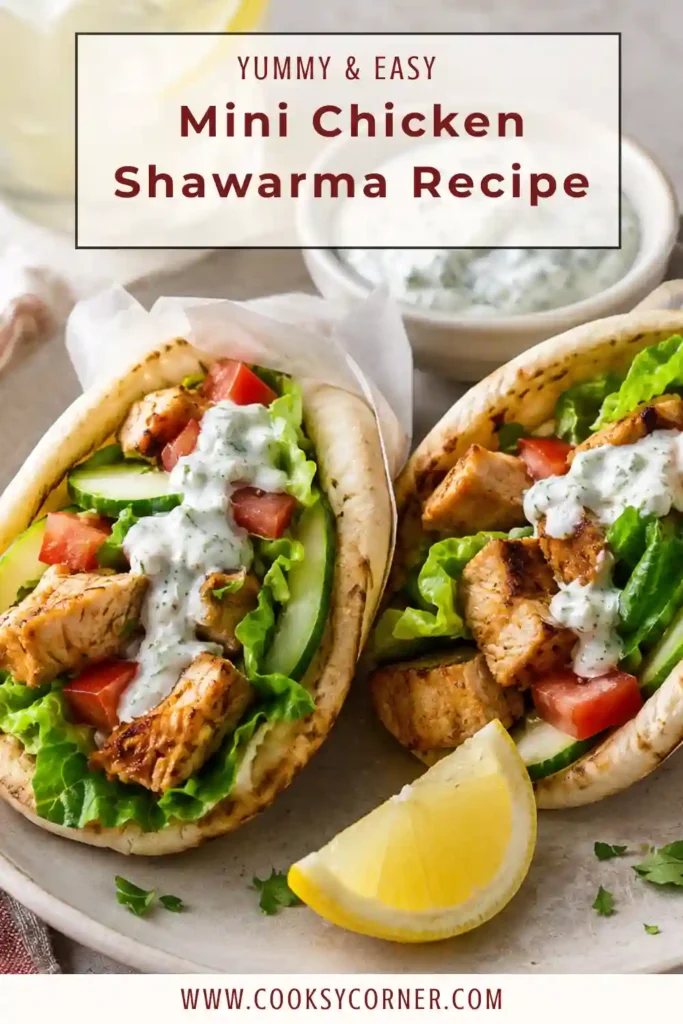 Close-up of mini chicken shawarma pitas filled with seasoned chicken, tomatoes, cucumber, and lettuce. The fresh ingredients create a delicious and balanced meal.