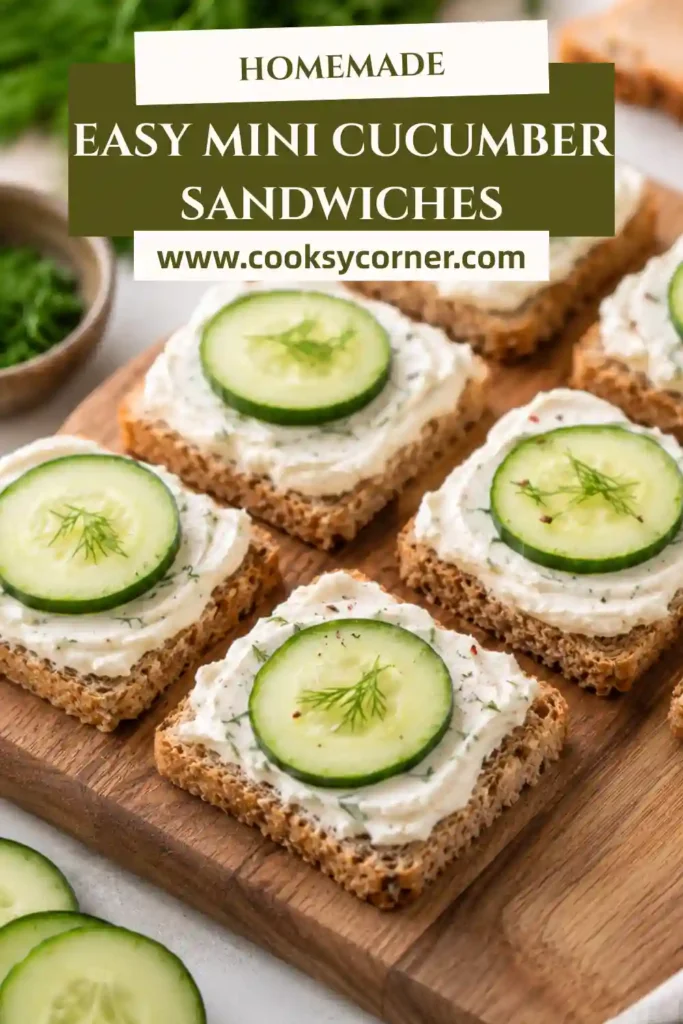 Bite-sized cucumber sandwiches featuring crisp cucumber rounds on cocktail rye bread with cream cheese.