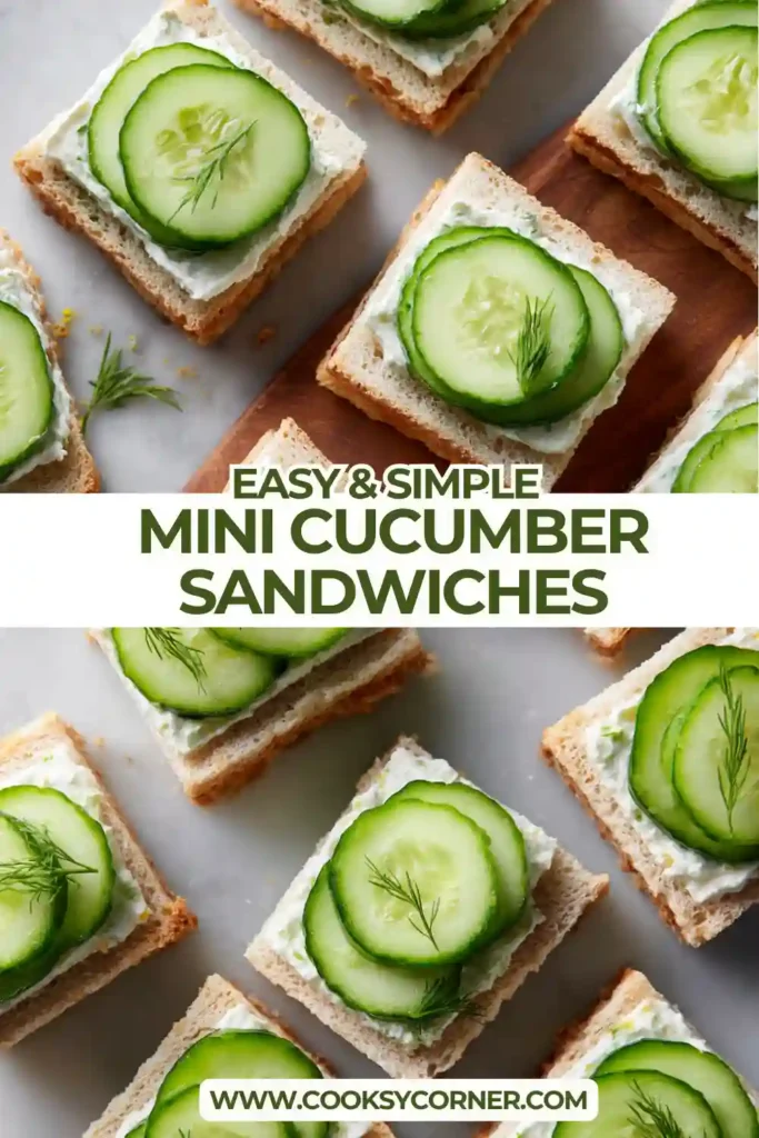 Close-up of Mini Cucumber Sandwiches showing crisp cucumber rounds and herb garnish atop rye bread.