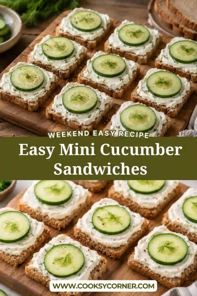 Elegant cucumber tea sandwiches topped with fresh dill and creamy herb cheese for a brunch appetizer.