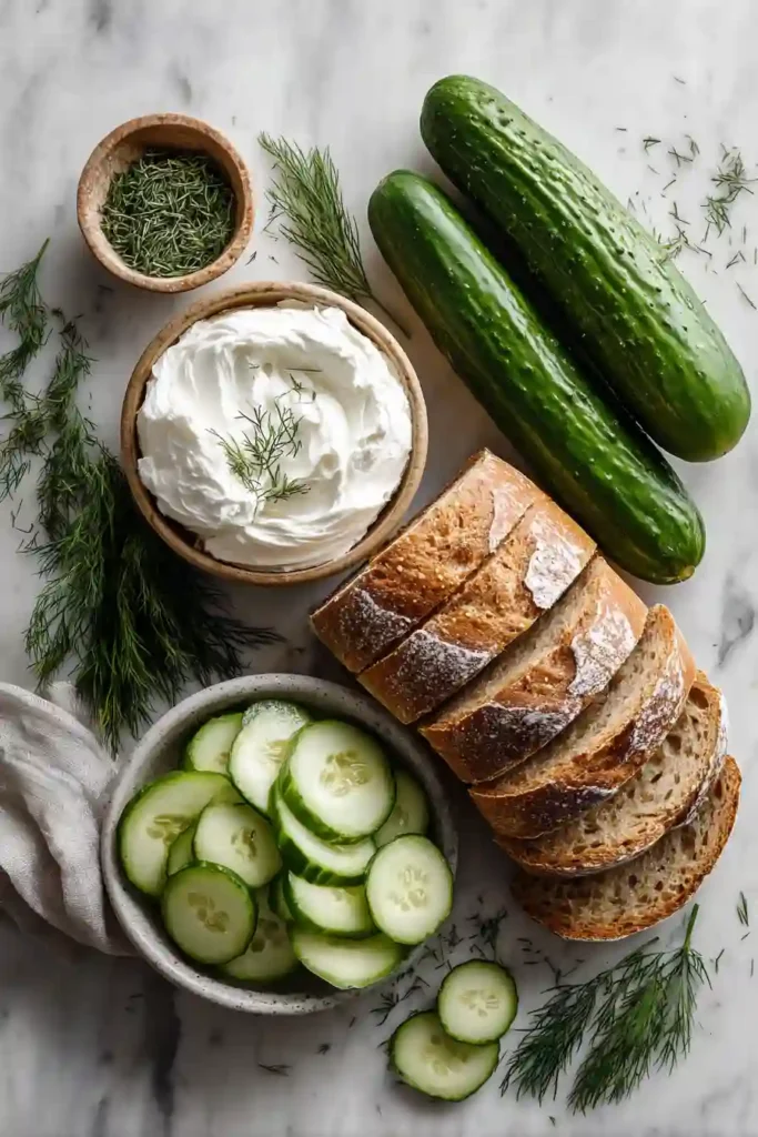 Mini Cucumber Sandwiches served on a decorative tray with fresh herbs and cucumber garnish.