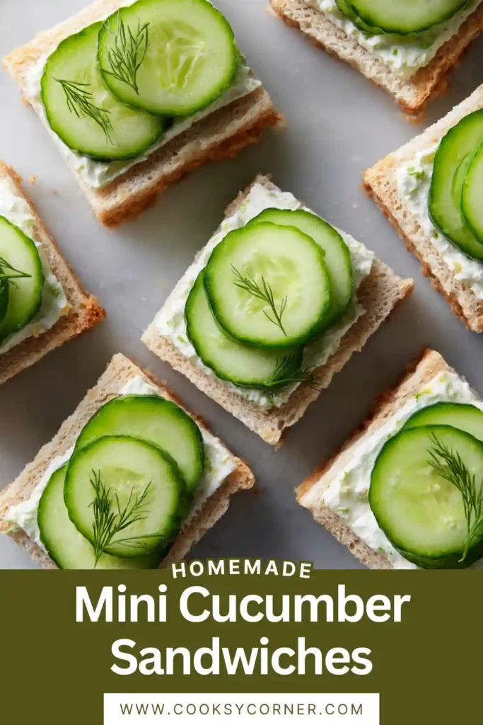 Mini Cucumber Sandwiches topped with cream cheese, cucumber slices, and fresh dill arranged on a serving platter.
