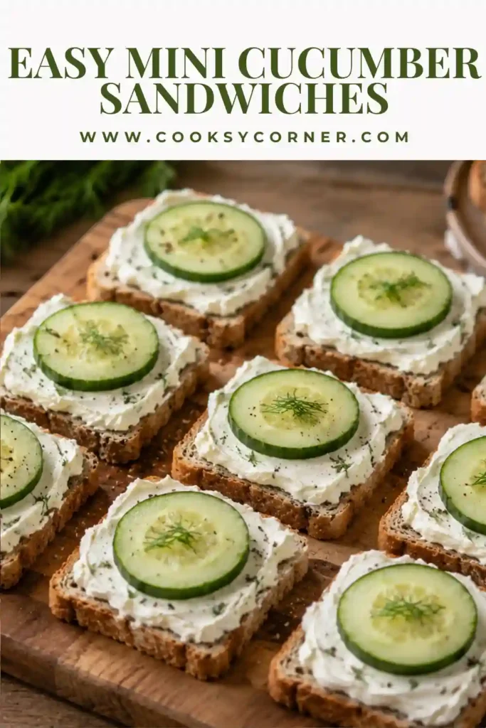 Mini Cucumber Sandwiches made with rye bread, cream cheese, fresh cucumber slices, and dill arranged on a serving platter.