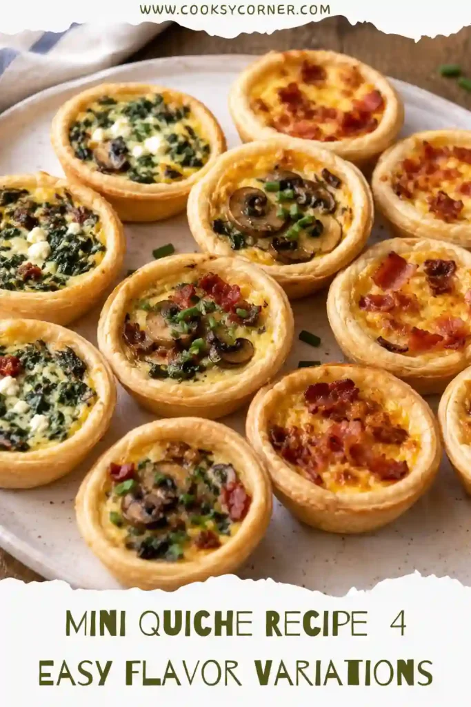 Golden brown mini quiches cooling on a tray after baking. The individual quiches showcase colorful toppings including mushrooms, spinach, feta, and herbs.
