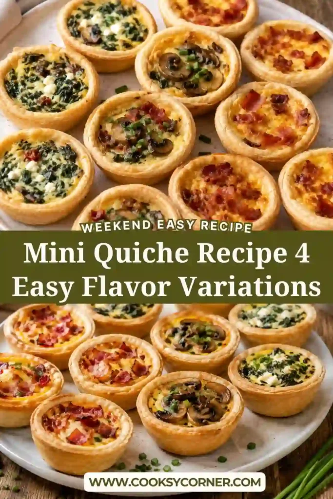 Homemade mini quiche recipe featuring four flavor variations with flaky crust and cheesy egg filling. Perfect bite-sized appetizers for brunch and entertaining.