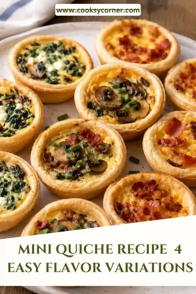 Freshly baked mini quiches arranged on a serving platter with golden pastry crusts and creamy fillings. The assortment includes spinach, mushroom, Mediterranean, and Lorraine-style mini quiches.