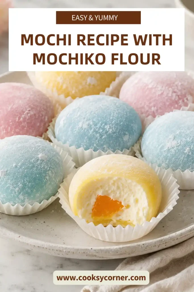 Freshly prepared Mochiko flour mochi with smooth red bean filling served on a ceramic plate. Soft, chewy, and naturally gluten-free.