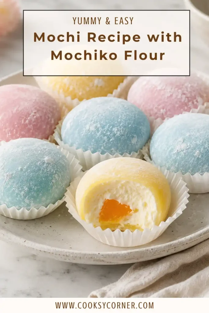 Homemade Japanese mochi dusted with cornstarch and filled with sweet azuki bean paste. Easy microwave mochi recipe using Mochiko flour.