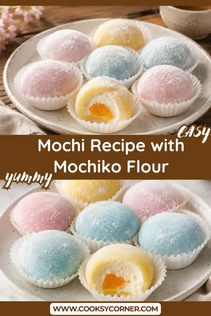 Soft homemade mochi made with Mochiko flour and filled with sweet red bean paste on a serving plate. A traditional Japanese dessert with a chewy texture.