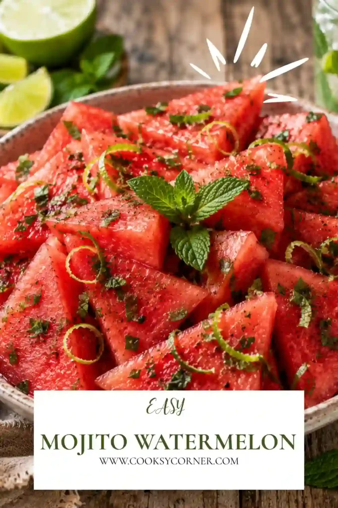 Fresh watermelon served with lime zest and torn mint leaves in a simple Mojito Watermelon Recipe. The bright flavors make it an ideal refreshing fruit salad.