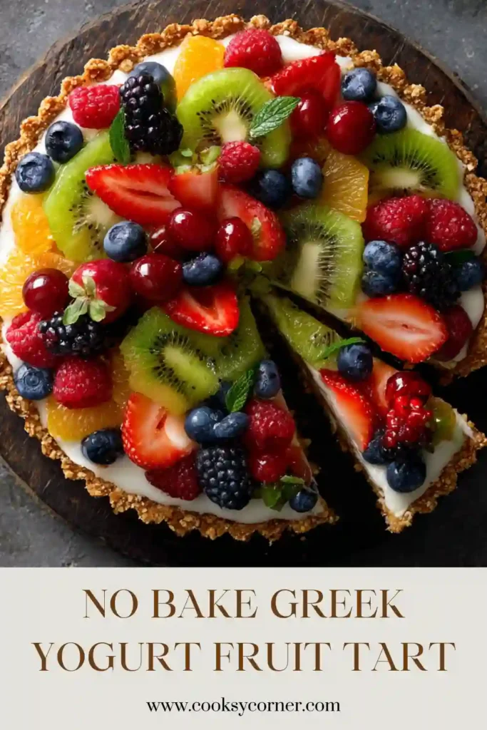 Fresh fruit arranged over creamy Greek yogurt tart.