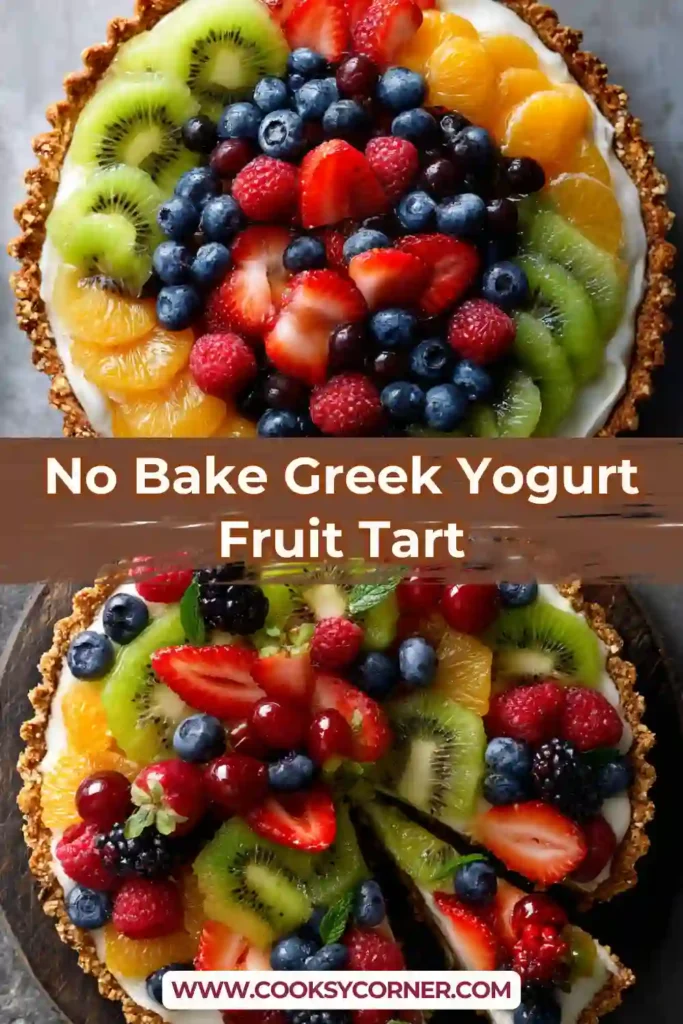 Healthy fruit tart with Greek yogurt filling and nut crust.