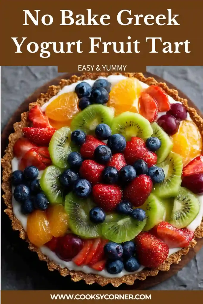 No-Bake Greek Yogurt Fruit Tart topped with colorful fresh fruit.