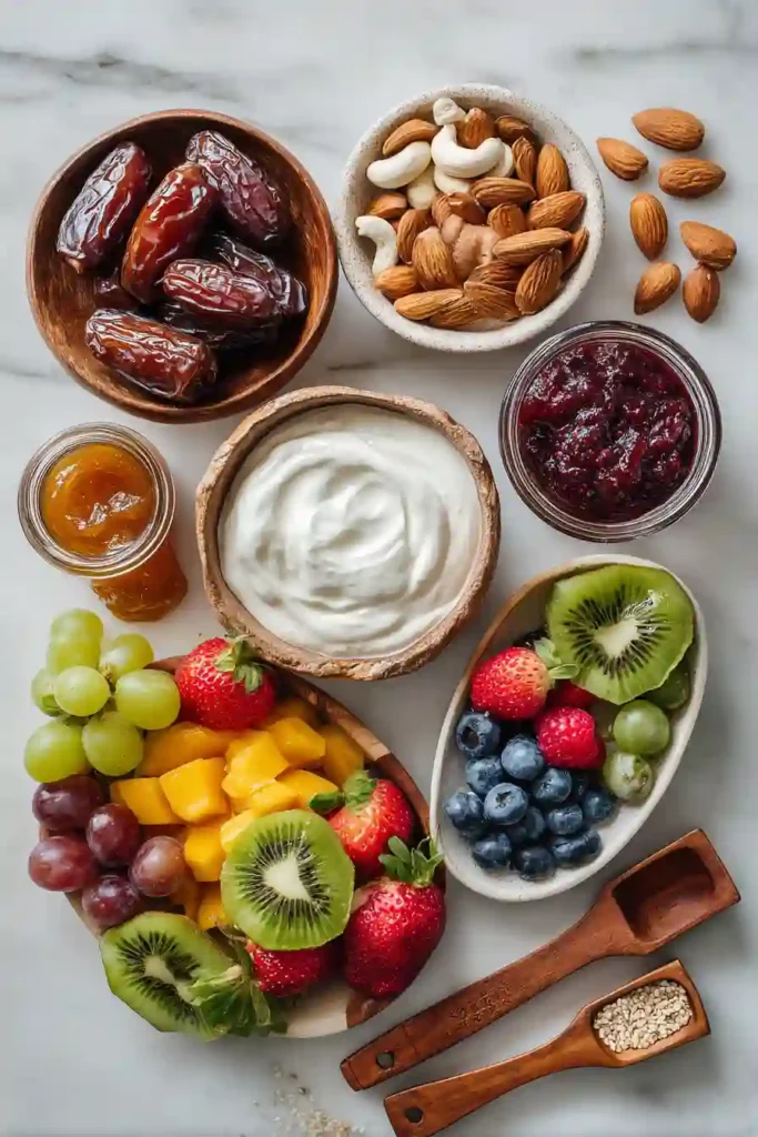 No-bake fruit tart made with dates, nuts, yogurt, and berries.