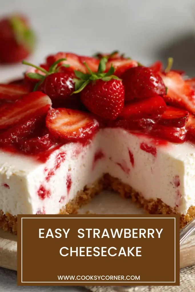 A creamy No Bake Strawberry Cheesecake topped with fresh strawberries and served on a white dessert plate. The cheesecake features a buttery biscuit crust and a smooth strawberry-filled cheesecake layer.