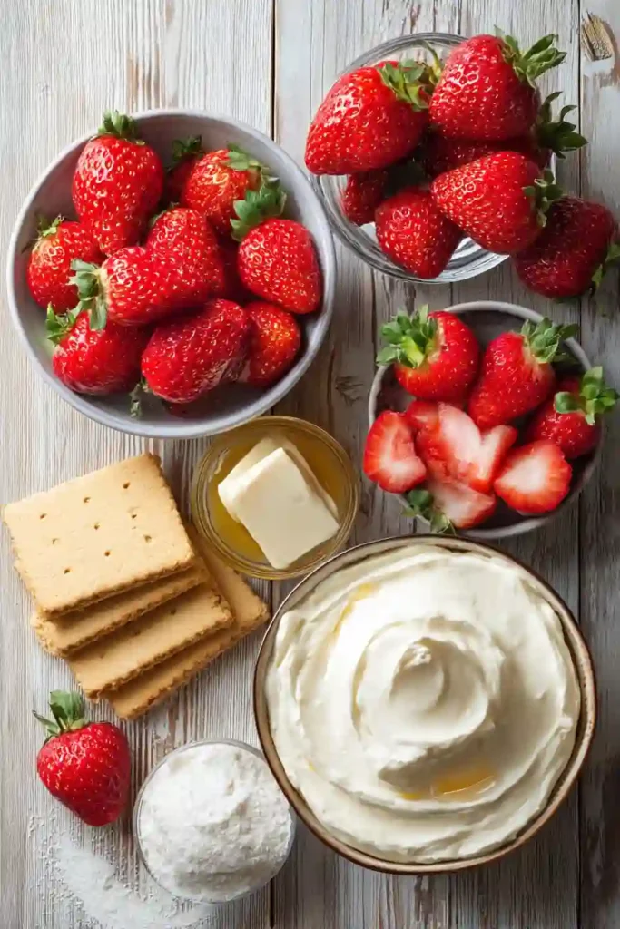 Easy No Bake Strawberry Cheesecake with a thick strawberry cream cheese filling and fresh berry topping. A beautiful summer dessert for parties and celebrations.