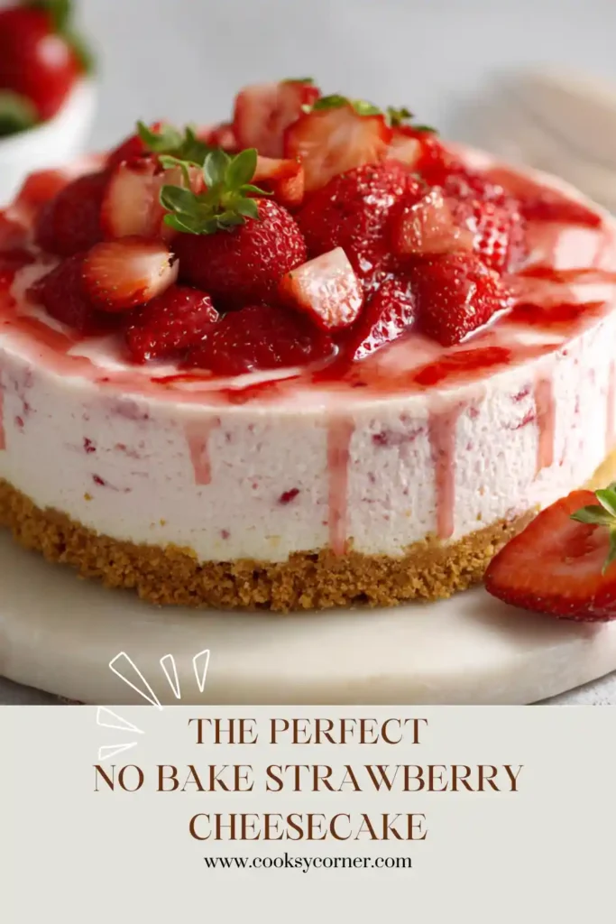 Fresh No Bake Strawberry Cheesecake decorated with whole and halved strawberries. This easy strawberry dessert has a rich cream cheese filling and golden biscuit base.