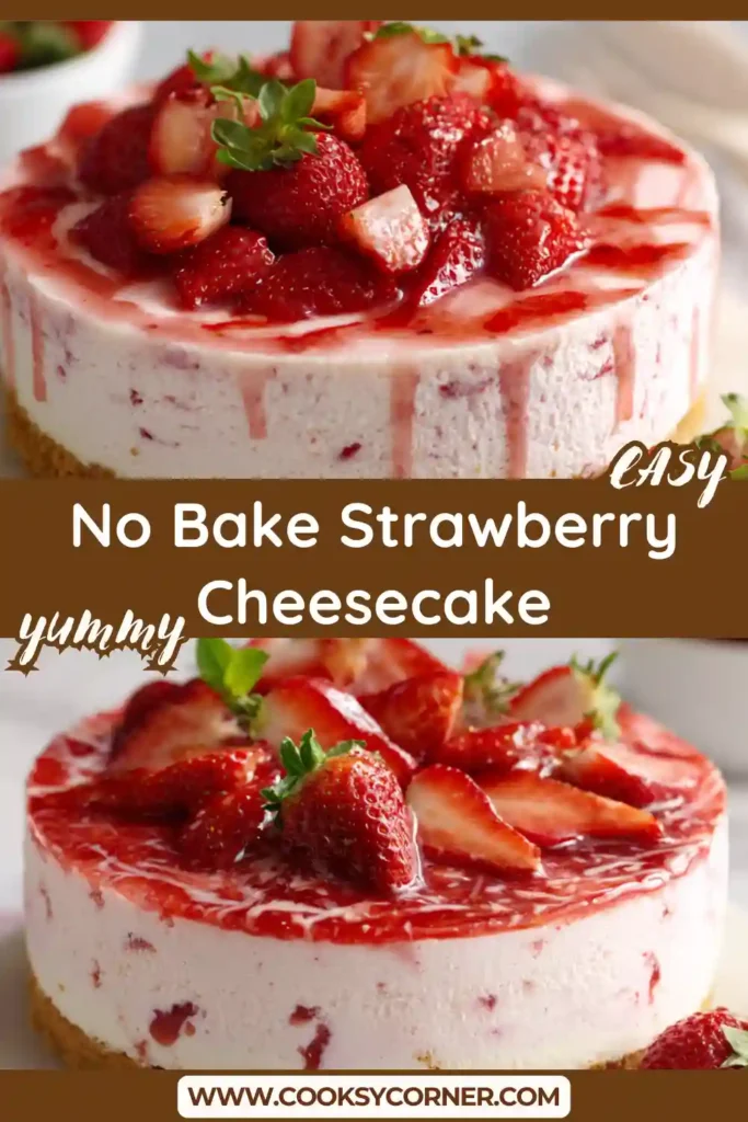 Homemade No Bake Strawberry Cheesecake sliced and ready to serve. The creamy filling is packed with fresh strawberries and topped with vibrant fruit.