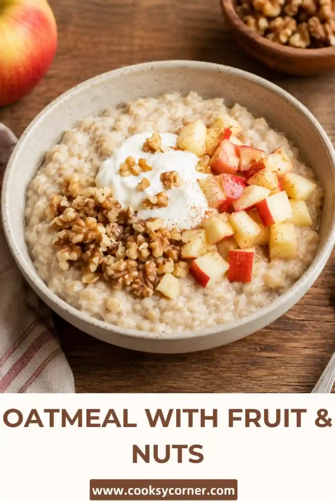 Healthy oatmeal with fruit and nuts served in a ceramic bowl. Topped with Greek yogurt and fresh apple pieces.