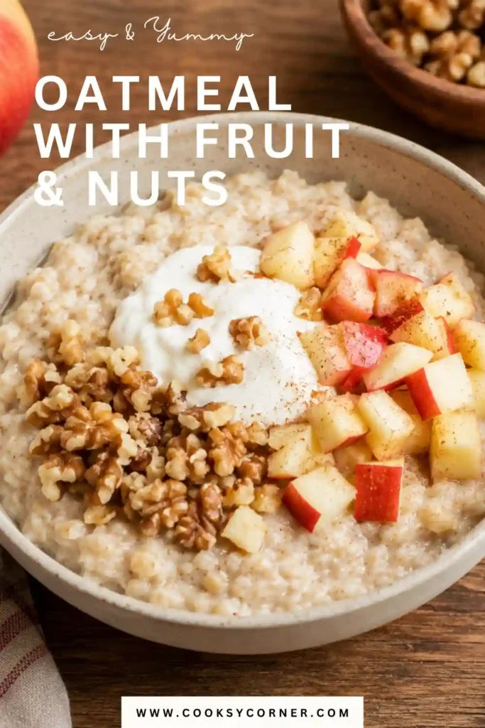 Warm oatmeal breakfast bowl featuring fresh apples, crunchy walnuts, and creamy yogurt. A nutritious and satisfying morning meal.