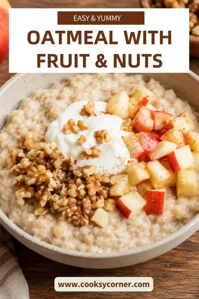 A bowl of creamy oatmeal topped with Greek yogurt, chopped apples, and walnuts. This healthy breakfast recipe is rich in protein and fiber.