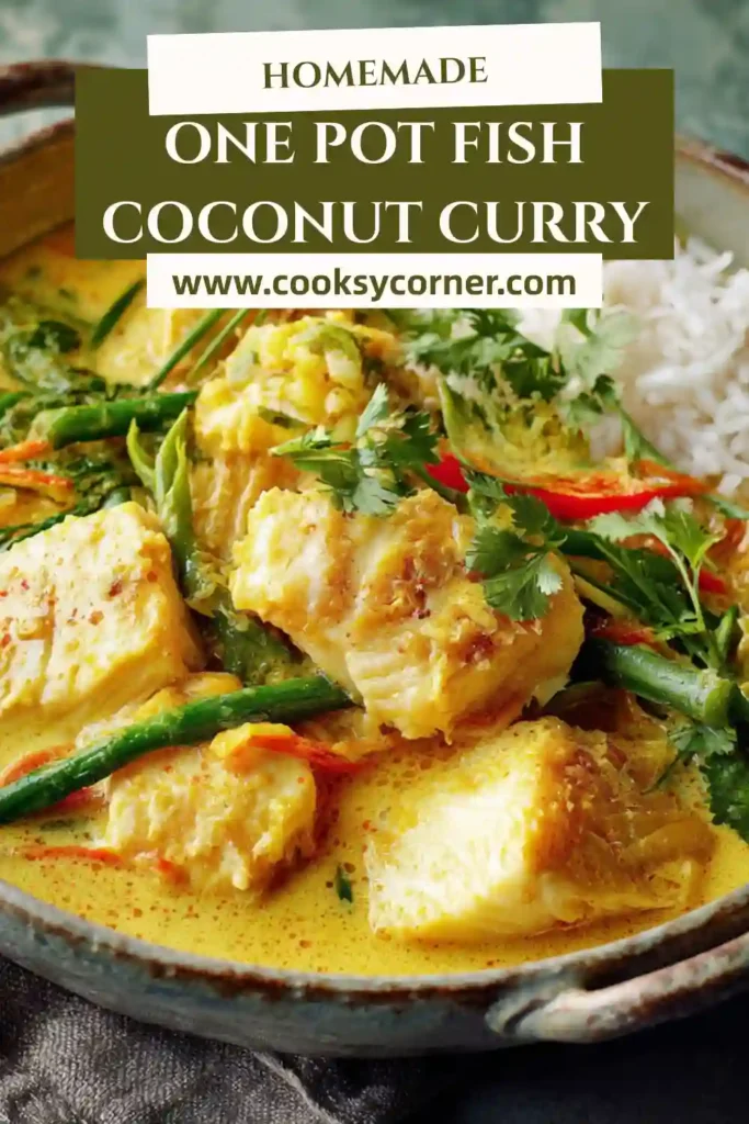 Barramundi coconut curry with sweet potatoes and vegetables served in a rustic bowl.