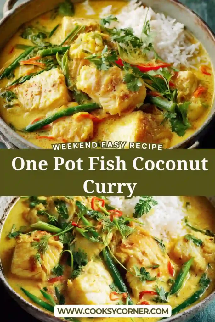 One-Pot Fish Coconut Curry served in a bowl with barramundi, sweet potatoes, green beans, and coconut broth garnished with fresh coriander.