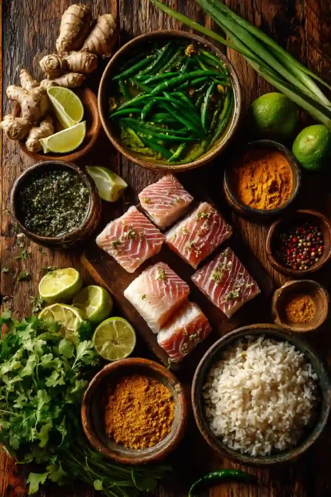 Fish coconut curry garnished with fresh coriander and chili alongside steamed rice.