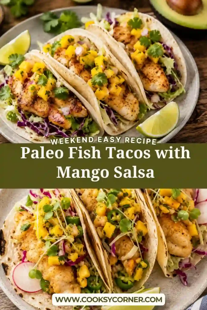 Healthy gluten-free fish tacos topped with sweet mango salsa, purple cabbage, and avocado slices on a serving platter.