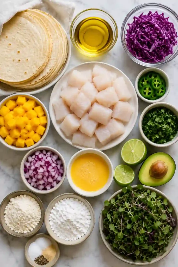 Colorful fish tacos featuring crunchy cabbage, avocado, mango salsa, and perfectly cooked white fish.