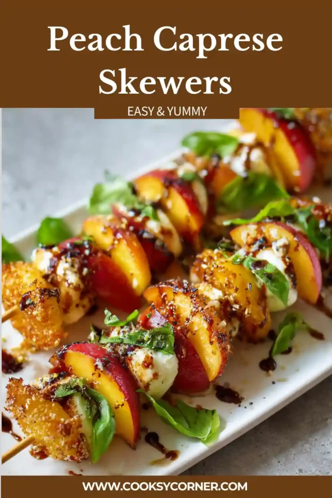 Peach Caprese Skewers arranged on a serving platter with fresh peaches, mozzarella pearls, basil leaves, and colorful grape tomatoes. A drizzle of balsamic glaze adds a glossy finishing touch.