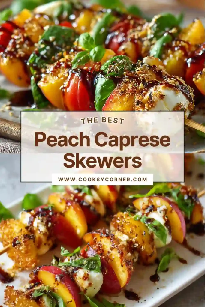 Fresh Peach Caprese Skewers featuring ripe peach slices, creamy mozzarella, sweet tomatoes, and basil. This colorful summer appetizer is perfect for parties and entertaining.