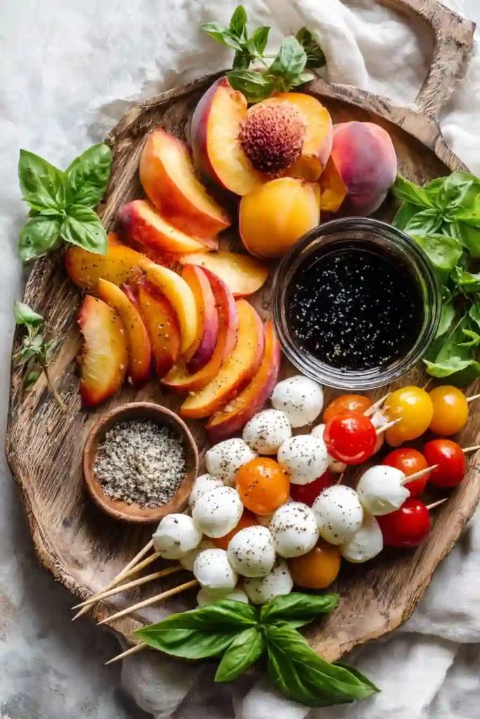 Elegant Peach Caprese Skewers topped with balsamic glaze and everything bagel seasoning. A simple summer appetizer packed with fresh seasonal ingredients.