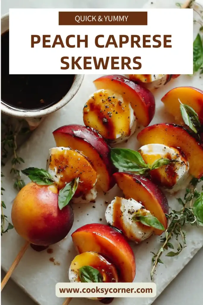 A close-up of Peach Caprese Skewers layered with basil, mozzarella cheese, peaches, and tomatoes. The combination creates a vibrant and refreshing no-cook appetizer.